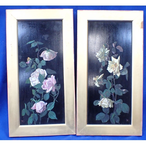 14 - A PAIR OF VICTORIAN PAINTED PANELS realistically rendered with tea roses, on a black background, wit... 