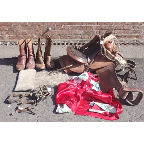 140 - A WESTERN STYLE LEATHER SADDLE, BOOTS, SPURS and other items