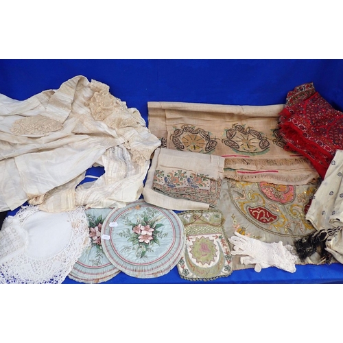 141 - AN INDIAN EMBROIDERED PANEL, A SMALL EMBROIDERED BAG an Edwardian child's dress, table runners, shaw... 