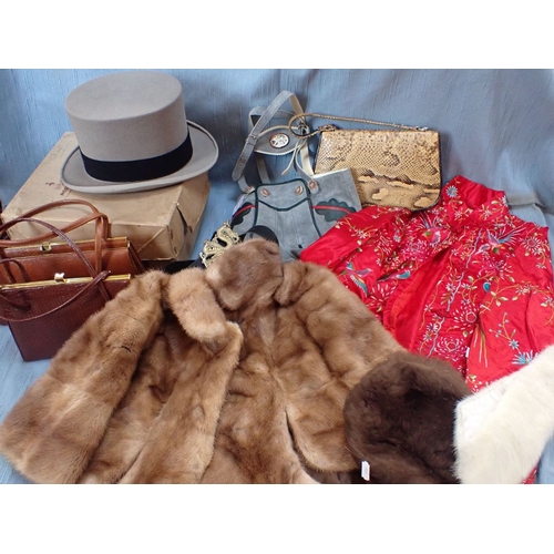 20 - A CHILD'S CHINESE JACKET, LEDERHOSEN ladies' handbags, fur, a grey top hat (moth) and other items