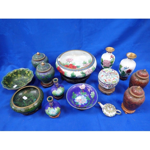 336 - A COLLECTION OF MODERN CLOISONNE mostly Chinese, bowls, dishes, pairs of vases, many with hardwood s... 