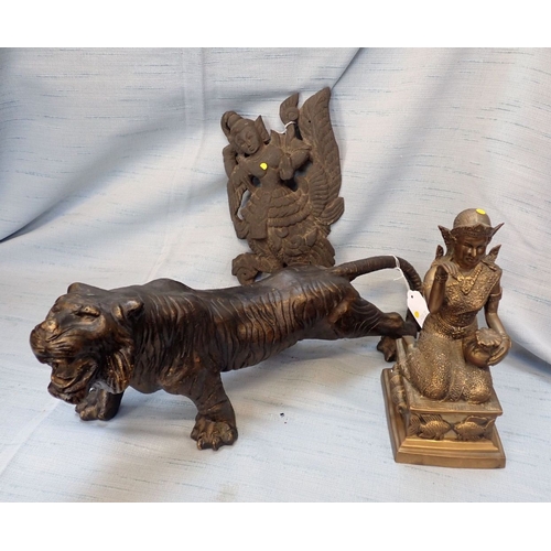 338 - A BROWN PATINATED CAST METAL TIGER 20cm high and two other items