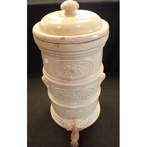 37 - A VICTORIAN STONEWARE WATER FILTER G. Cheavins improved patent, with removable plate, and wooden top... 