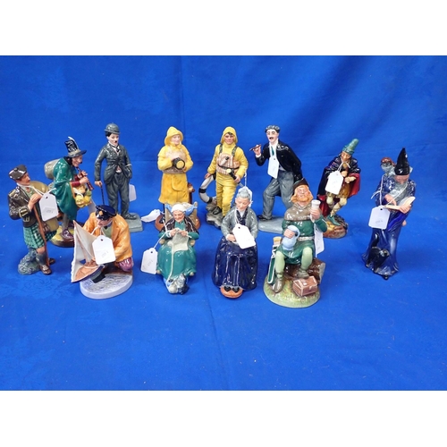 59 - A COLLECTION OF ROYAL DOULTON CHARACTER FIGURINES including lifeboat men, actors, Pied Piper, Robin ... 