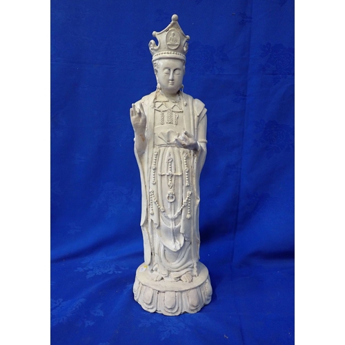 134 - A PLASTER STANDING BUDDHA FIGURE painted white 55cm high (some damage)