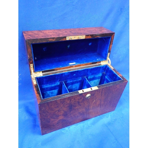 137 - A VICTORIAN WALNUT THREE-COMPARTMENT DECANTER BOX (empty) with Needs, Late Bramah lock (no key) and ... 