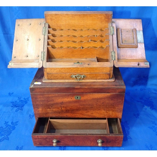 140 - A 19TH CENTURY MAHOGANY BOX fitted a drawer with dividers, with pressed brass ring carrying handles ... 