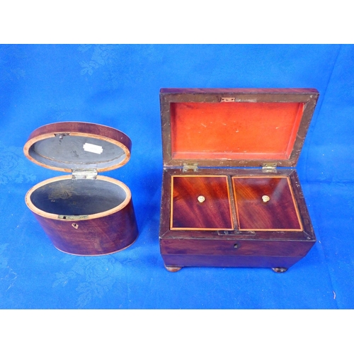 150 - A 19TH CENTURY MAHOGANY TEA CADDY and a smaller oval tea caddy (2)