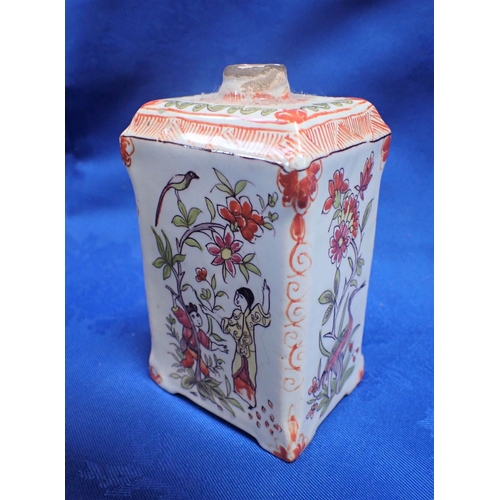 263 - A TIN-GLAZED 'DELFT' CADDY with poychrome decoration 12cm high