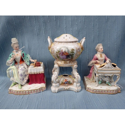 280 - TWO SIMILAR MEISSEN FIGURINES women at a table/piano, and a Dresden potpourri or censer (all a/f)