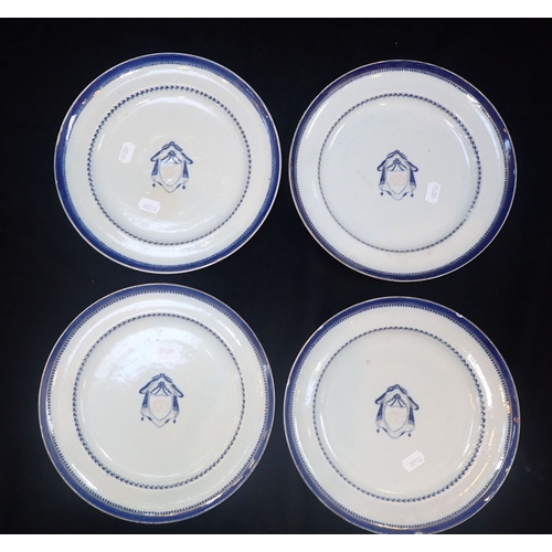 300 - A SET OF FOUR CHINESE EXPORT ARMORIAL PLATES Late 18th/ early 19th century, with initials to the cen... 