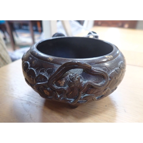 347 - A GOLD SPLASH FOOTED BRONZE CENSER decorated with sea nymphs, approx 12cms dia