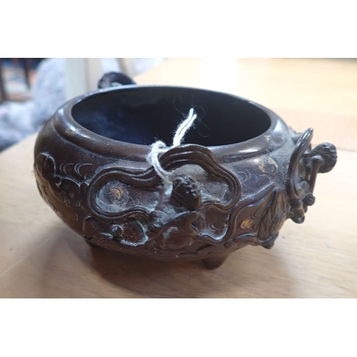 347 - A GOLD SPLASH FOOTED BRONZE CENSER decorated with sea nymphs, approx 12cms dia