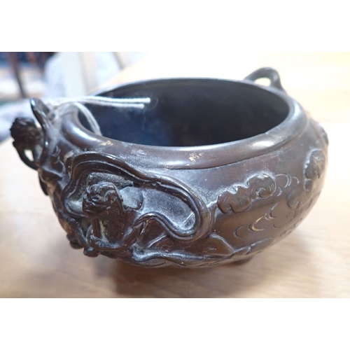 347 - A GOLD SPLASH FOOTED BRONZE CENSER decorated with sea nymphs, approx 12cms dia