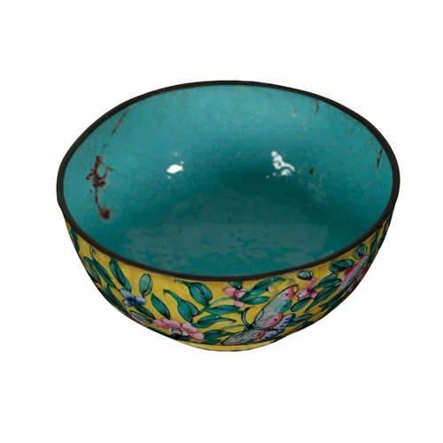 354 - A CHINESE ENAMEL BOWL Qing dynasty or later, decorated with fruit, scrolling foliage and a butterfly... 