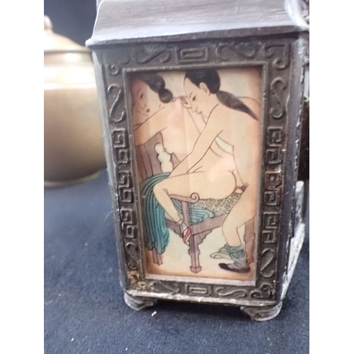 360 - A JAPANESE EROTIC PANELLED TEAPOT two panels only remaining, a pumpkin ceramic teapot and a brass te... 