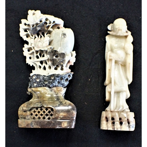 365 - A CARVED SOAPSTONE CHINESE FIGURE 19cm height, together with a carved garden (damaged) and another f... 