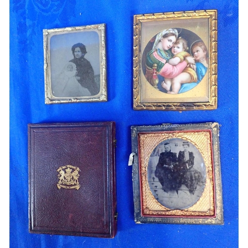 472 - THREE AMBROTYPE PHOTOGRAPHS (ONE CASED) and a small reproduction of Raphael's Madonna di Sedilia