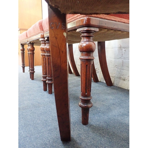 811 - FOUR VICTORIAN WALNUT DINING CHAIRS BY CORNELIUS V SMITH with turned and fluted legs and plain chamf... 