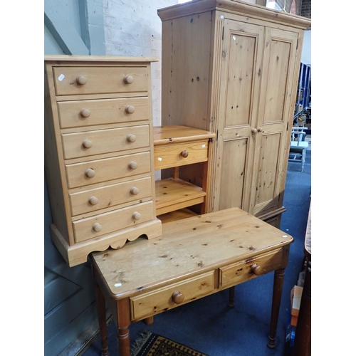 814 - A VICTORIAN STYLE PINE NARROW CHEST of six drawers 50cm wide, a similar wardrobe 106cm wide, a pair ... 