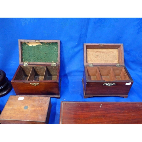 88 - TWO MAHOGANY TEA CADDIES with a mahogany box and a collection of trophy stands