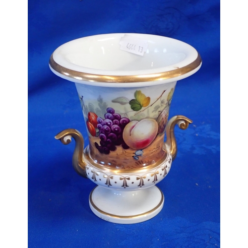 273 - A 19TH CENTURY URN VASE, PAINTED WITH FRUIT 14cm high