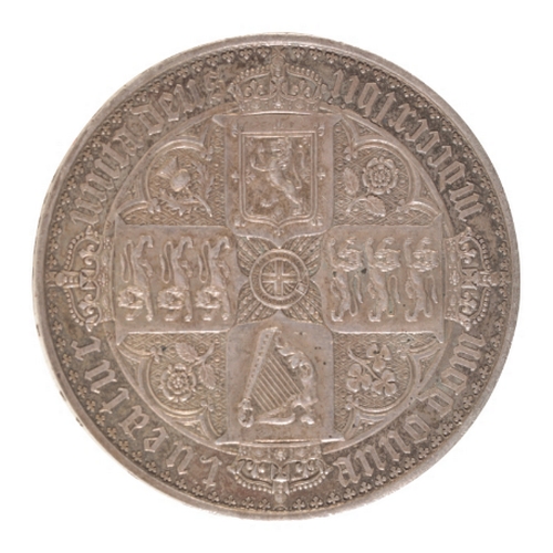 143 - AN 1847 QUEEN VICTORIA SILVER CROWN Gothic type bust, the reverse with crown and cruciform shields, ... 