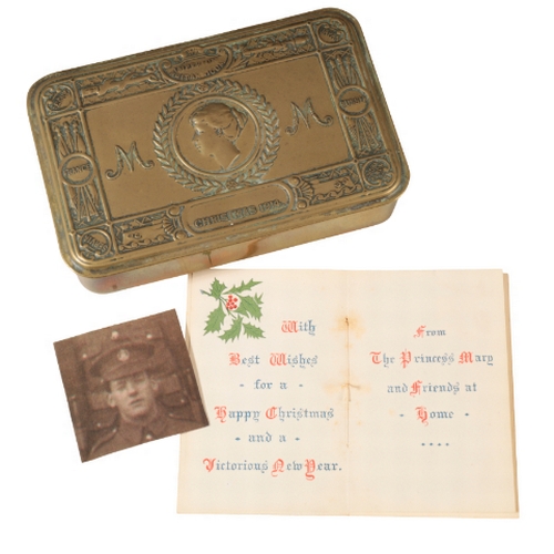 244 - A PRINCESS MARY TIN WITH TOBACCO AND CIGARETTES. and with a Christmas card. Believed to have belonge... 