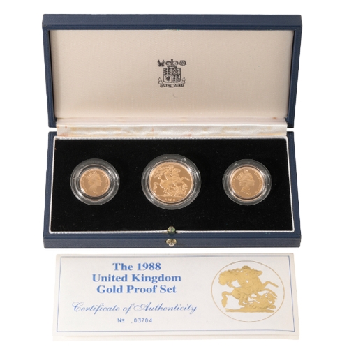 39 - A 1988 ROYAL MINT GOLD PROOF THREE COIN SET with Certificate of Authenticity no. 03704, in the origi... 