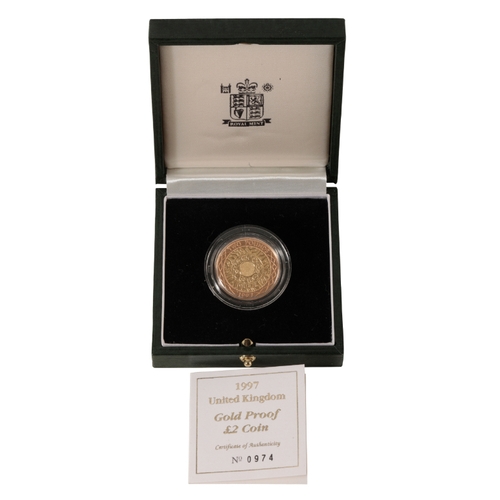 46 - A 1997 ROYAL MINT GOLD PROOF TWO POUND COIN with Certificate of Authenticity, no. 0974, in the origi... 