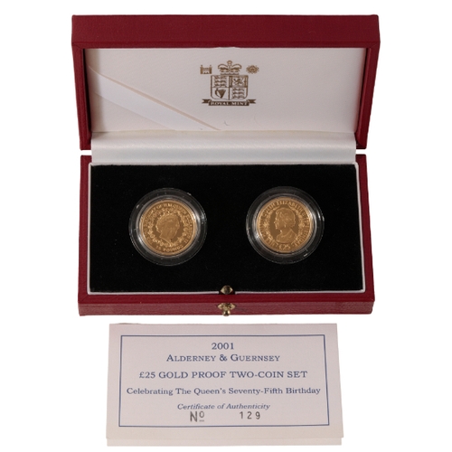 55 - A 2001 ROYAL MINT ALDERNEY & GUERNSEY £25 GOLD PROOF TWO COIN SET celebrating Queen Elizabeth II 75t... 
