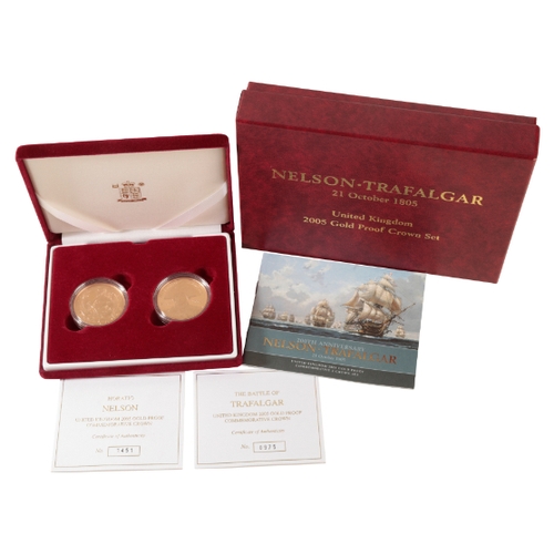 73 - A 2005 ROYAL MINT GOLD PROOF NELSON & TRAFALGAR £5 CROWN SET in the original Royal Mint box with Cer... 