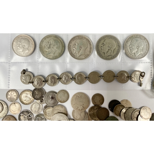 166 - A QUANTITY OF GEORGE V HALF CROWNS and various other British coins including threepences, pennies an... 