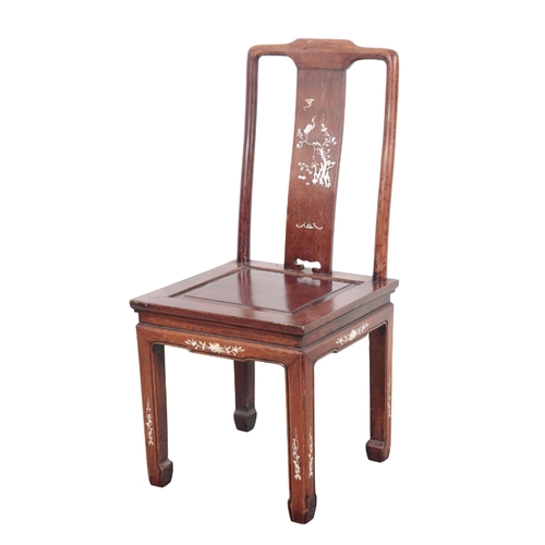 1 - A CHINESE HARDWOOD CHAIR Qing, with a square floating panel seat and mother of pearl inlay of foliag... 