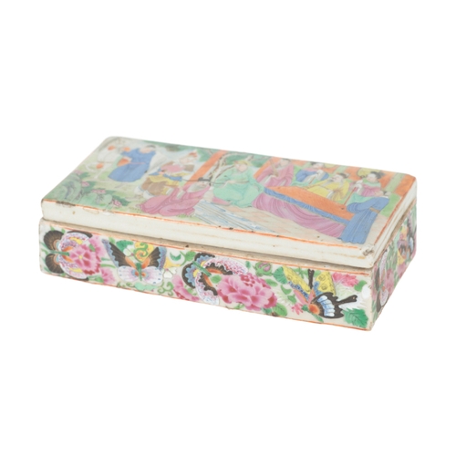 103 - A CANTONESE FAMILLE ROSE PEN BOX Qing, of rectangular form decorated with figures, 18cm wide