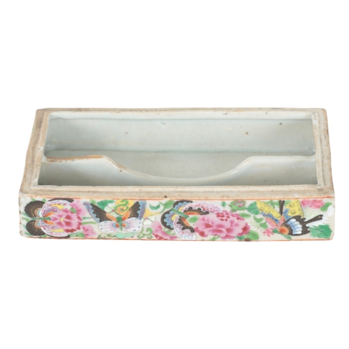 103 - A CANTONESE FAMILLE ROSE PEN BOX Qing, of rectangular form decorated with figures, 18cm wide