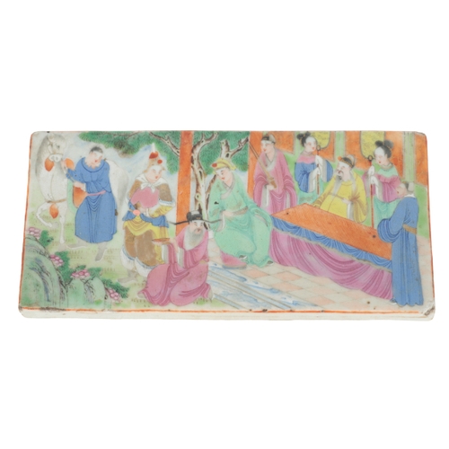 103 - A CANTONESE FAMILLE ROSE PEN BOX Qing, of rectangular form decorated with figures, 18cm wide