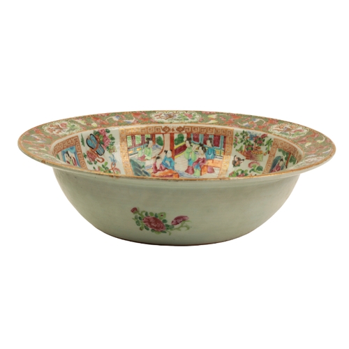 104 - A CANTONESE FAMILLE ROSE BASIN Qing, decorated with polychrome enamel panels of figures, flowers, bi... 