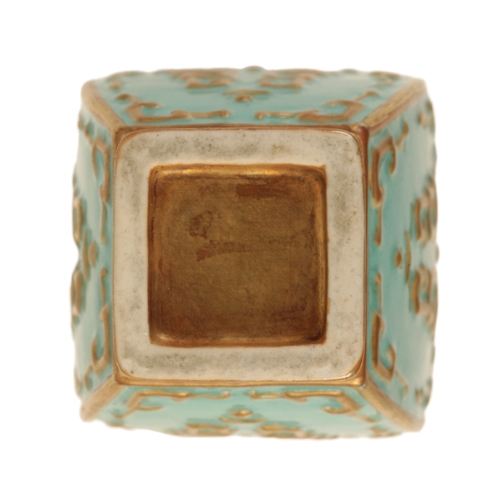 110 - A CHINESE TURQUOISE-GROUND SQUARE VASE Qing or later, with raised gilt archaic decoration and gilt p... 