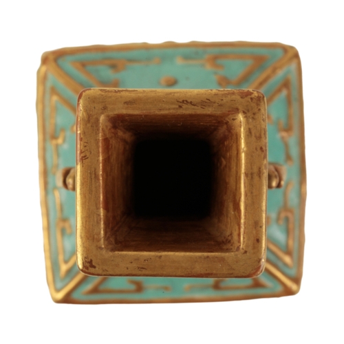 110 - A CHINESE TURQUOISE-GROUND SQUARE VASE Qing or later, with raised gilt archaic decoration and gilt p... 