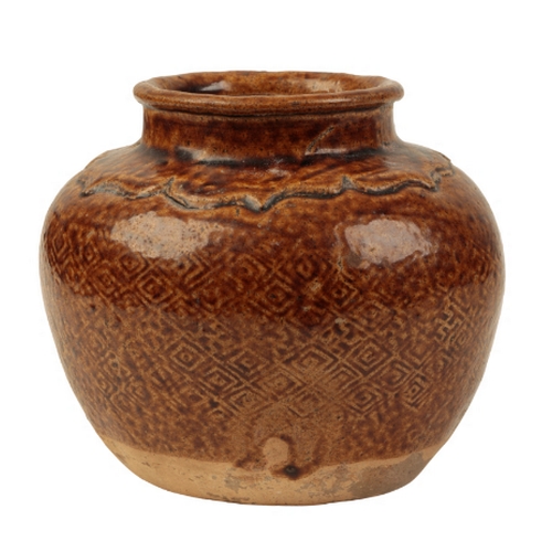 118 - A CHINESE BROWN-GLAZED JAR with moulded diaper decoration, the glaze running towards the foot, the b... 