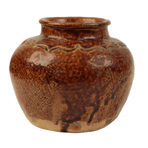 118 - A CHINESE BROWN-GLAZED JAR with moulded diaper decoration, the glaze running towards the foot, the b... 