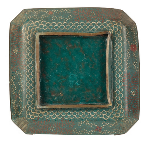 121 - A JAPANESE CLOISONNE CANTED SQUARE TRAY Edo, decorated in dark enamels with a green dragon on an ind... 