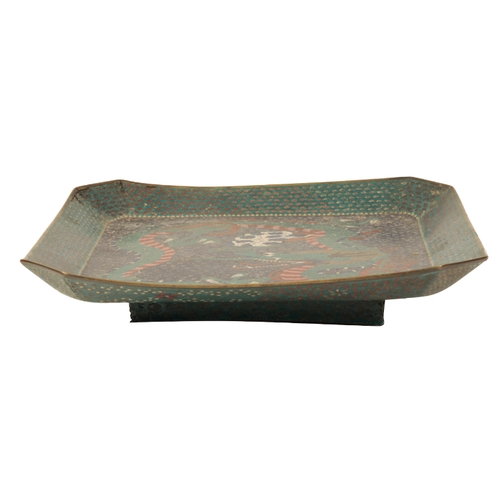 121 - A JAPANESE CLOISONNE CANTED SQUARE TRAY Edo, decorated in dark enamels with a green dragon on an ind... 