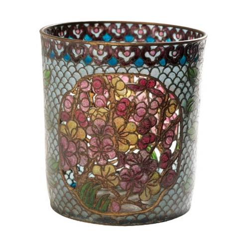 122 - A JAPANESE PLIQUE Ã JOUR CUP Meiji, the cylindrical body with pierced floral panels, 7.75cm high