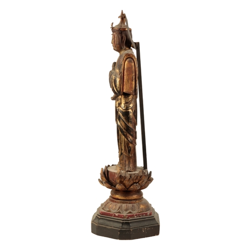 127 - A LARGE JAPANESE GILTWOOD BUDDHA Meiji, standing on a double lotus petal base, 64cm