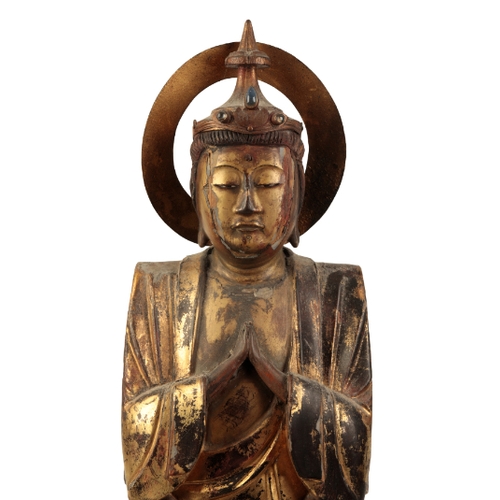 127 - A LARGE JAPANESE GILTWOOD BUDDHA Meiji, standing on a double lotus petal base, 64cm