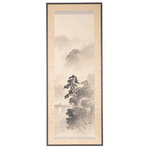 129 - A JAPANESE SCROLL Meiji, painted in watercolour with figures on a bridge within a river landscape, w... 