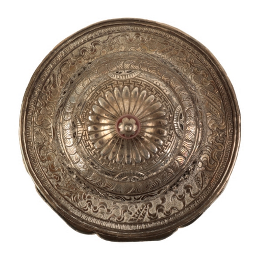 135 - A TIBETAN SILVER 'DHAKA' (TEA BOWL STAND) with engraved and pierced decoration;  with accompanying j... 