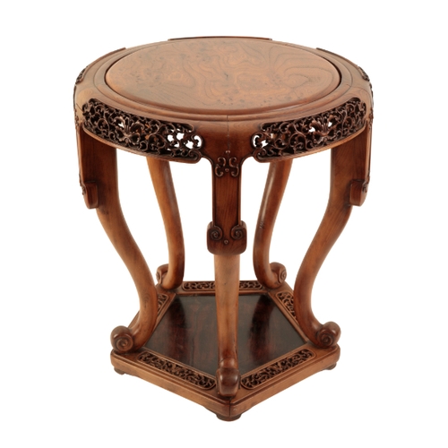 2 - A CHINESE BOXWOOD STOOL Qing, with circular burrwood-inlaid top on a pentagonal base, the four legs ... 